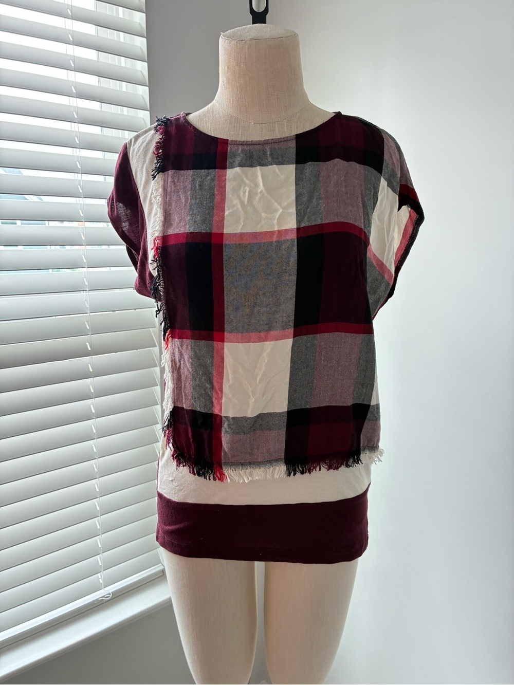 Anthropologie Postmark Women's Hammon Mixed Materials Plaid Top